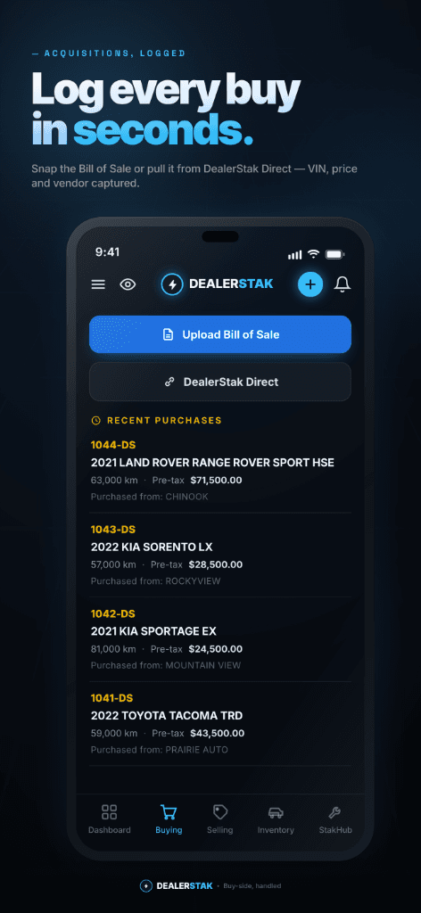 DealerStak mobile app — Log every buy in seconds.