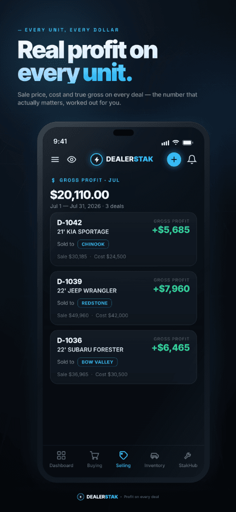 DealerStak mobile app — Real profit on every unit.