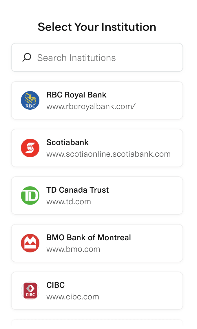 Connecting a bank account inside DealerStak — RBC, Scotiabank, TD, BMO and CIBC