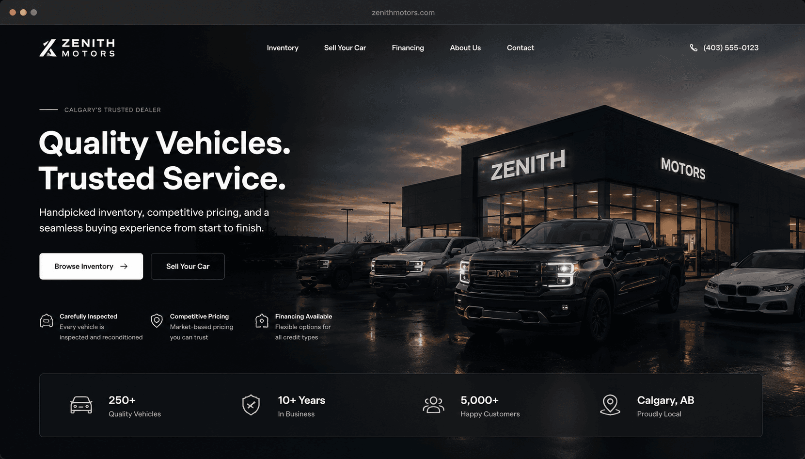 Zenith Motors — a DealerStak dealer website, browsed on desktop