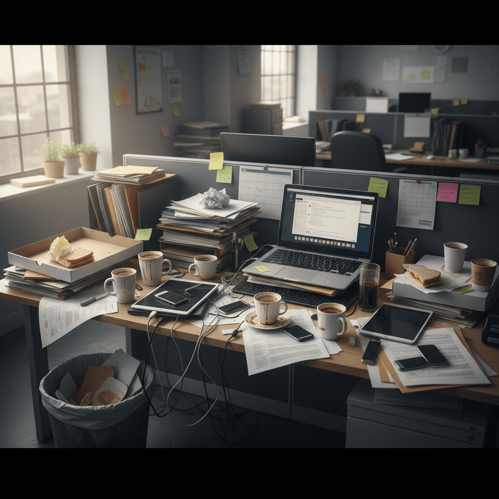Desk buried in paperwork, sticky notes and coffee cups
