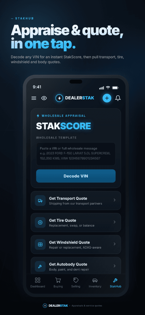 The DealerStak iOS app running a StakScore wholesale appraisal from a pasted VIN
