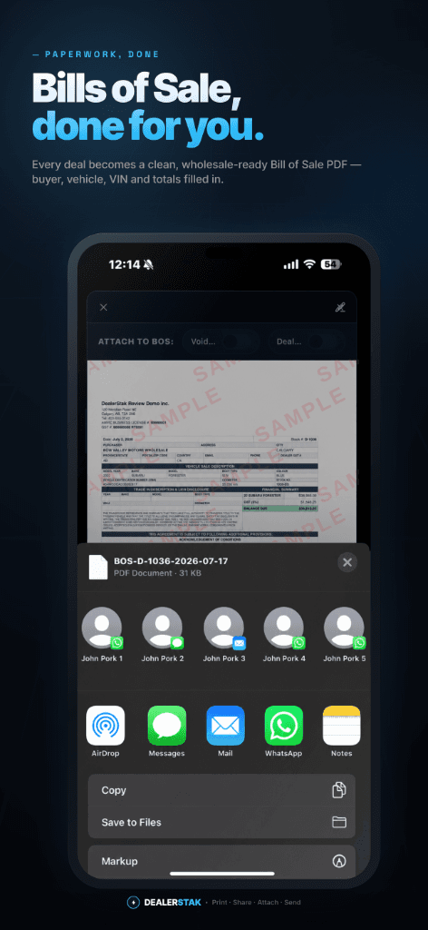 A wholesale Bill of Sale PDF being shared from the DealerStak iOS app