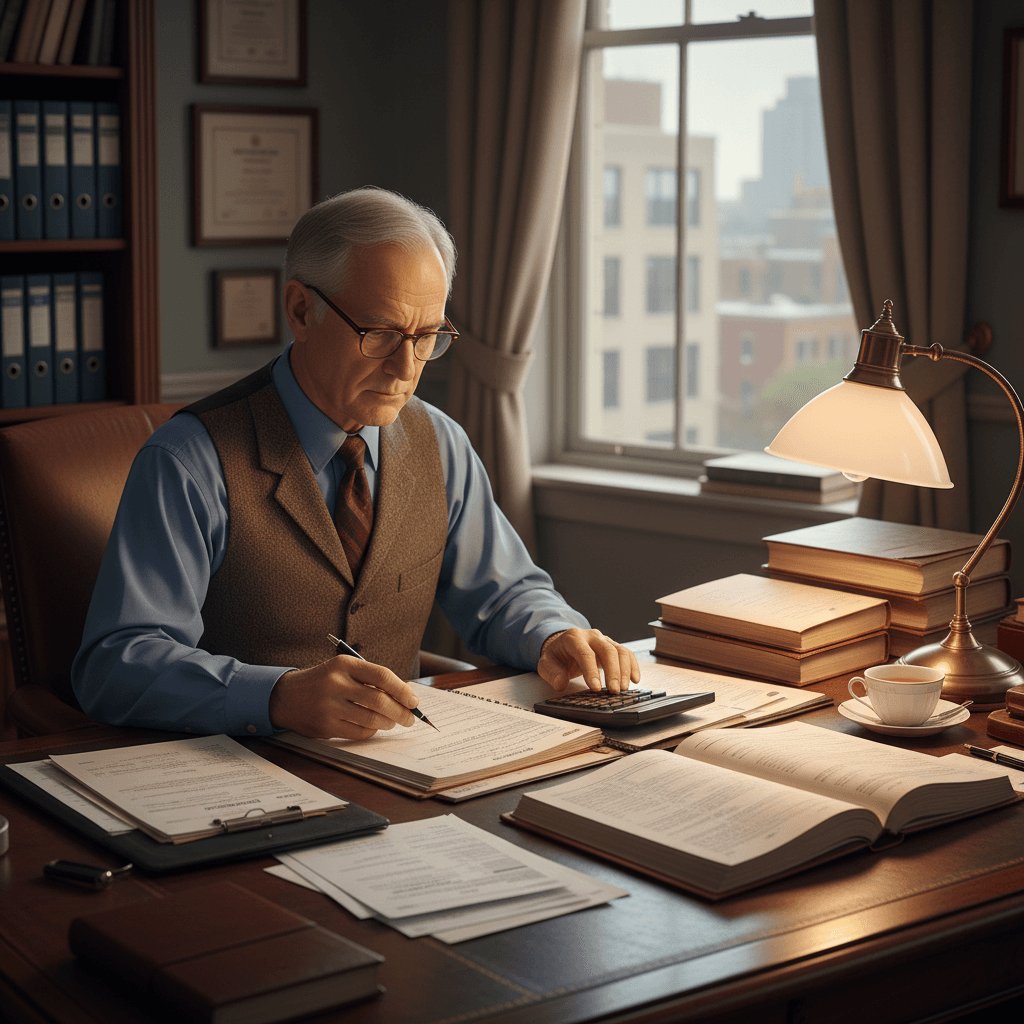 Accountant reviewing financial documents at a desk