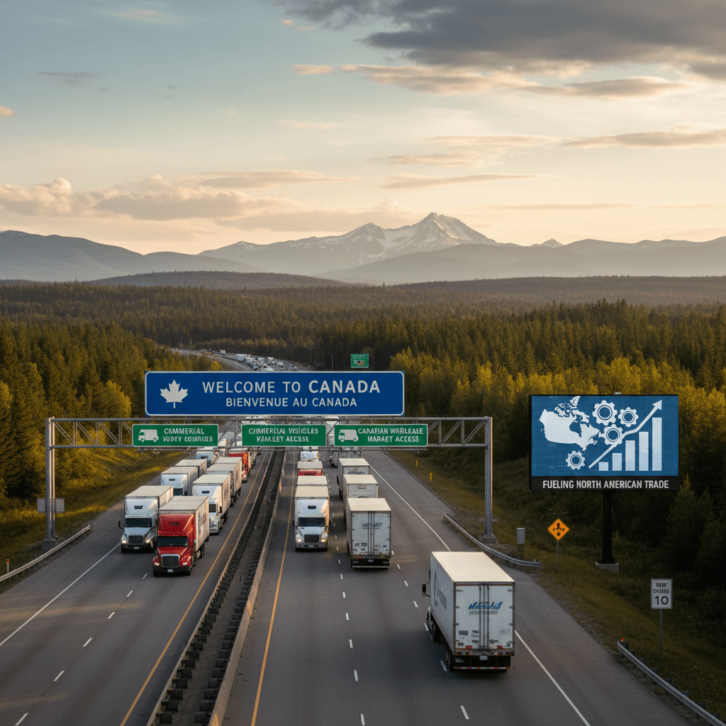 Transport trucks queued at a Canadian border crossing