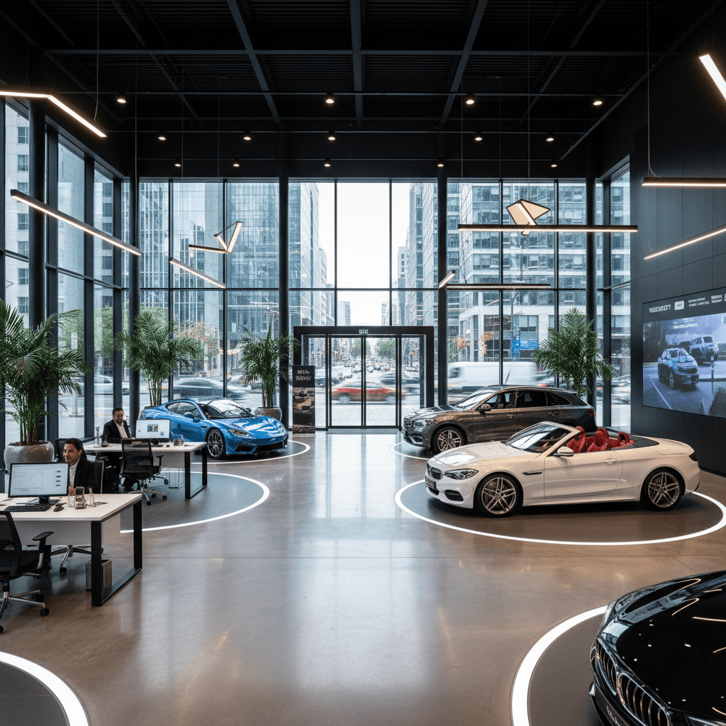 Modern car dealership showroom with vehicles on display